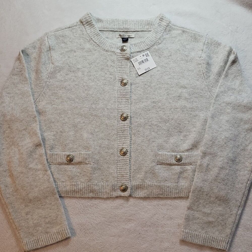 American Eagle Knit Cardigan Sweater Button Pockets Gray LS Women's XL